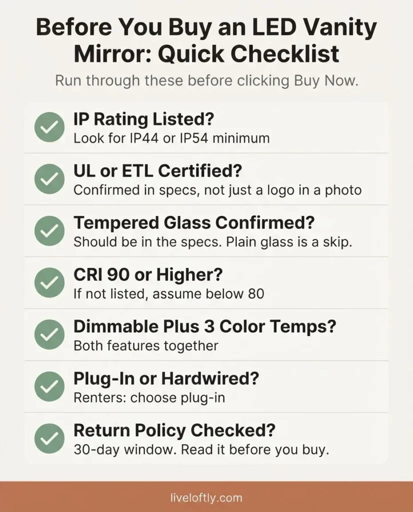 Buying checklist infographic for LED vanity mirrors listing IP rating CRI 90 plus tempered glass three color temperature dimming anti-fog return policy and safety certification as key items to verify before buying