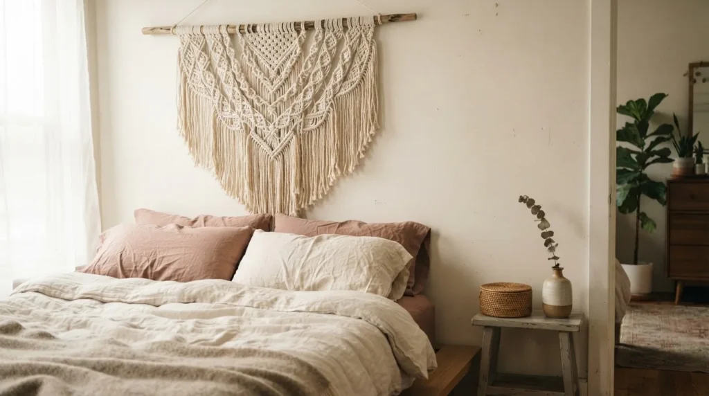 Large cream and natural cotton macrame wall hanging above a linen bed with layered earthy throw pillows in a warm boho bedroom, soft afternoon natural light