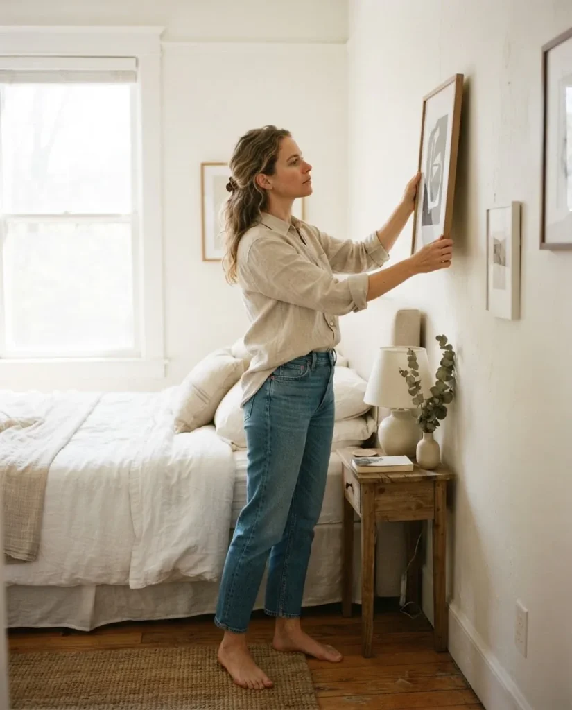 Woman with light brown hair in neutral linen clothing holding a framed print against a bedroom wall above a bed, candid interior styling moment, natural light