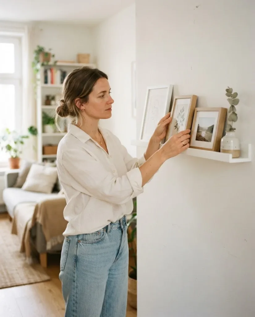 Young woman in natural linen clothing arranging framed prints on a picture ledge shelf in a bright rental apartment, warm natural light, candid and relaxed