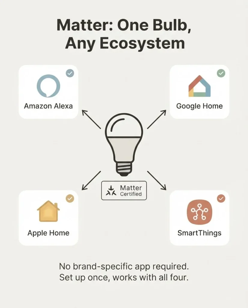 Infographic showing the Matter smart home standard connecting smart bulbs to Amazon Alexa, Google Home, and Apple Home without brand-specific apps, ecosystem compatibility chart