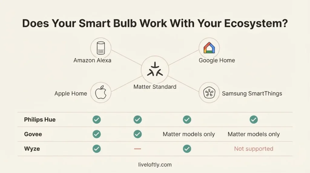 Flat infographic diagram showing Matter smart home standard compatibility across Alexa, Google Home, Apple Home, and Samsung SmartThings with Govee and Philips Hue icons