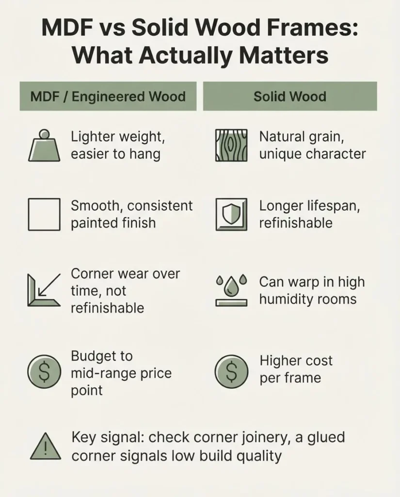Infographic comparing MDF versus solid wood picture frame construction, showing corner joinery, durability, and budget versus quality signals