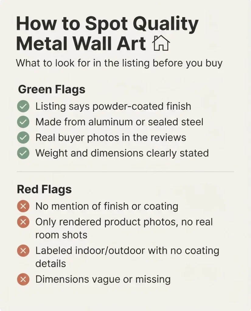 Infographic checklist of quality signals to look for in a metal wall art listing, including powder coat finish, aluminum vs steel, and listing red flags