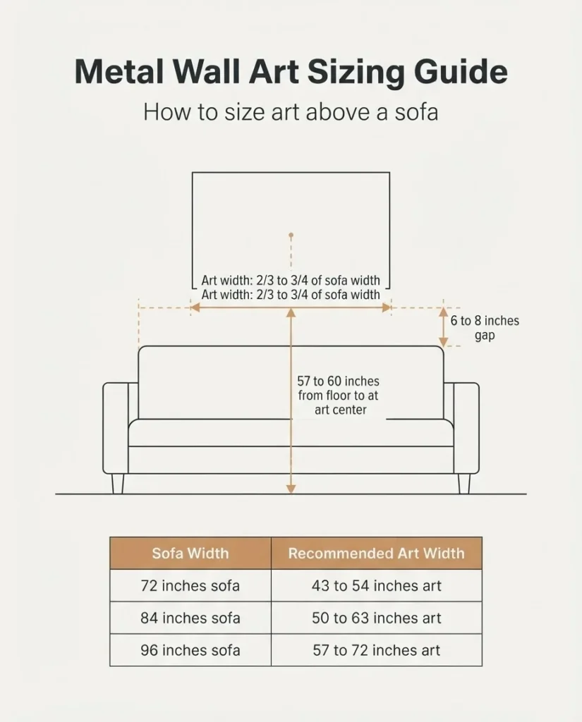 Wall art sizing diagram showing correct proportions above a sofa, with labeled measurements for 72-inch and 84-inch sofa widths and 57 to 60 inch hanging height from floor