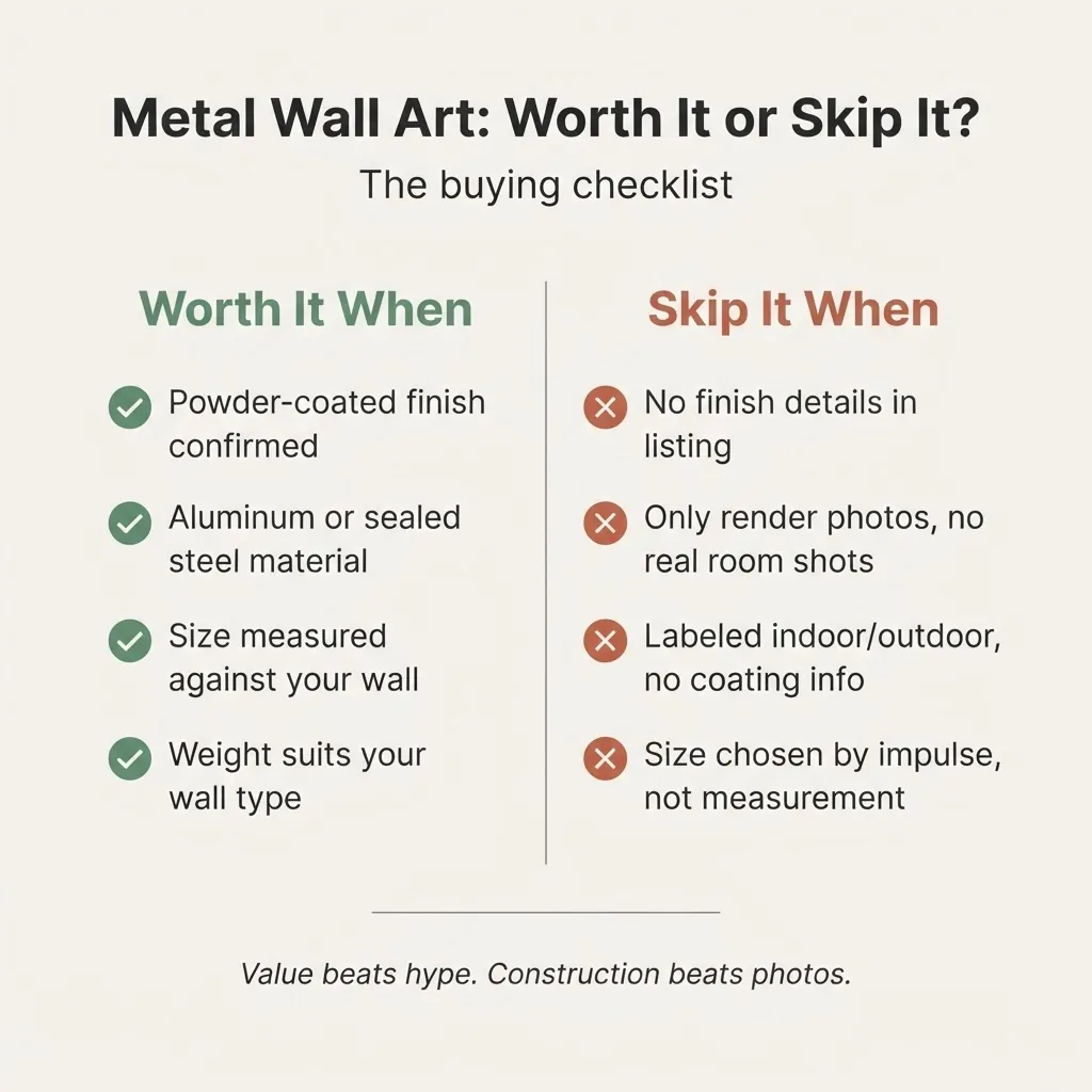 Worth it vs skip it summary card infographic for metal wall art buyers, listing green flag and red flag signals for finish, material, listing details, and size