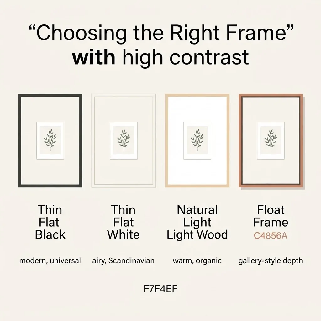 Flat infographic comparing thin black frame, thin white frame, natural wood frame, and floating frame styles for minimalist wall art with labels and sample print previews