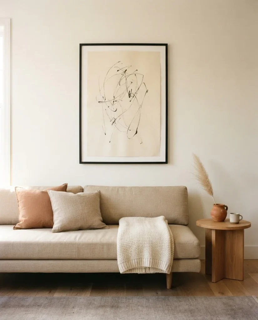 Minimalist living room with one large abstract line drawing in thin black frame centered above a cream linen sofa, soft natural light, neutral earthy tones, calm apartment decor