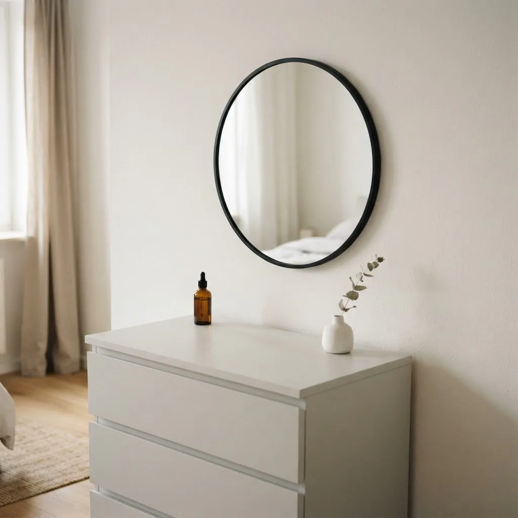 Minimalist bedroom vanity corner with a thin black steel circular mirror above a white dresser, single perfume bottle, small ceramic vase, edited clean surface, soft daylight