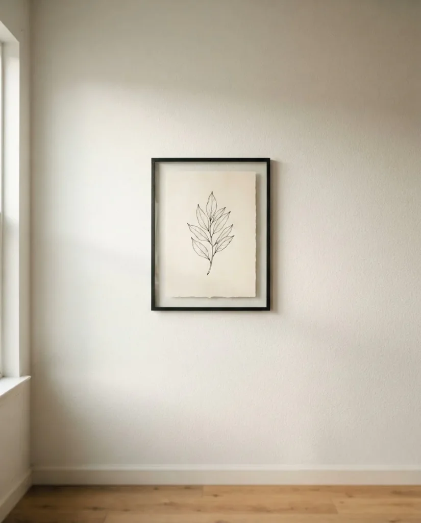 Single minimalist botanical print in thin black frame on a white wall with generous empty space around it, warm afternoon light, calm renter apartment styling