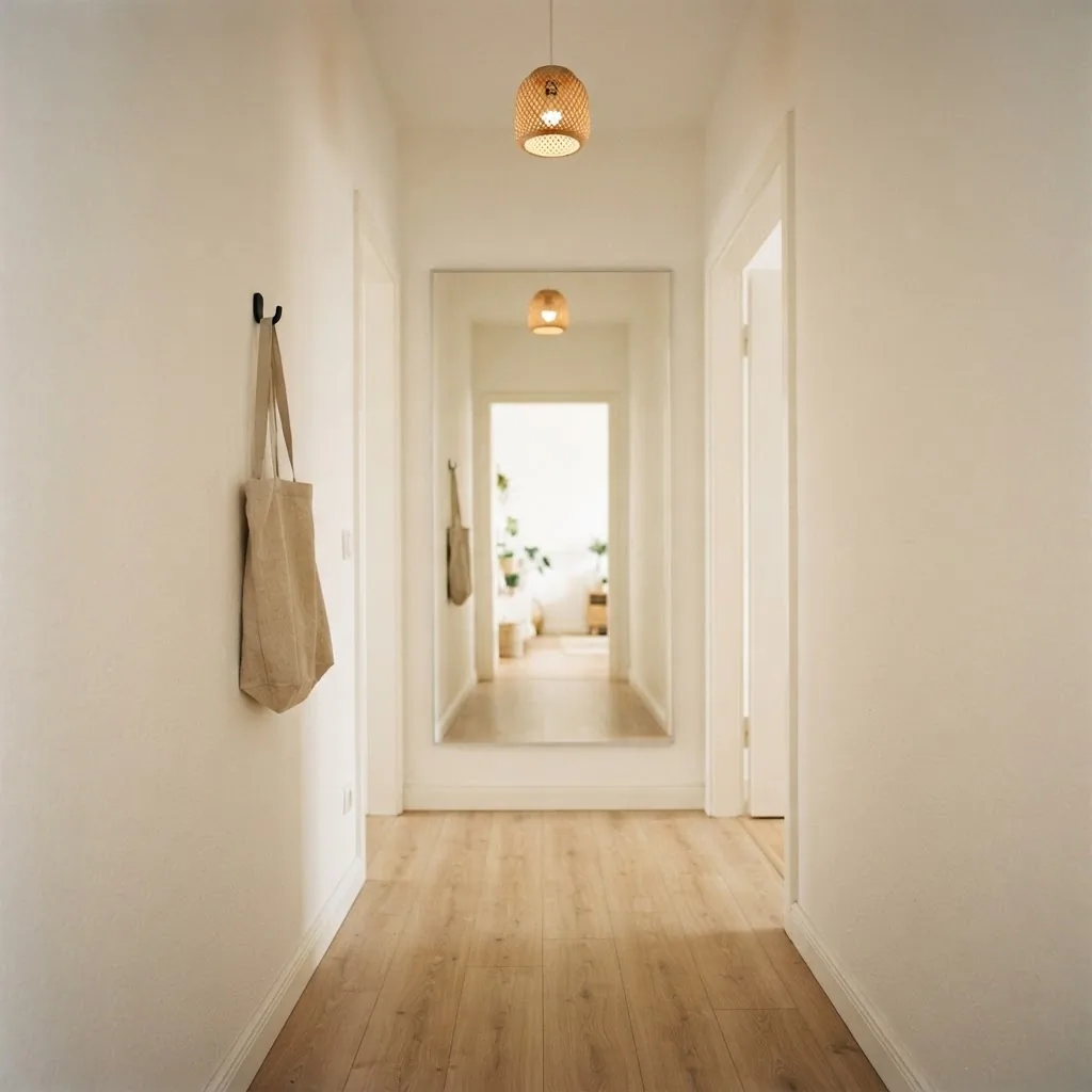 tall rectangular mirror hung at the end of a narrow apartment hallway reflecting light and making the corridor look longer