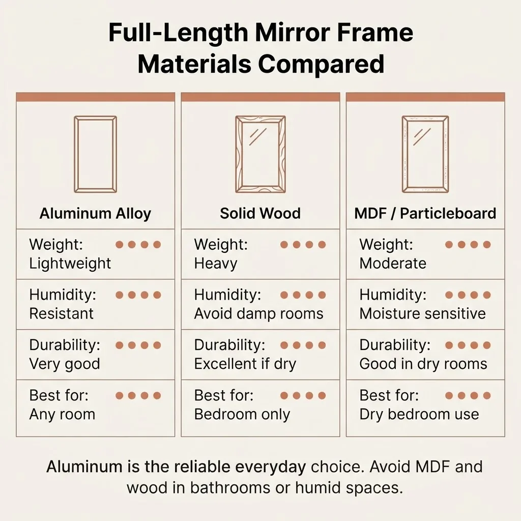 Flat infographic comparing full-length mirror frame materials: aluminum alloy, solid wood, and MDF with pros, cons, and best-use labels