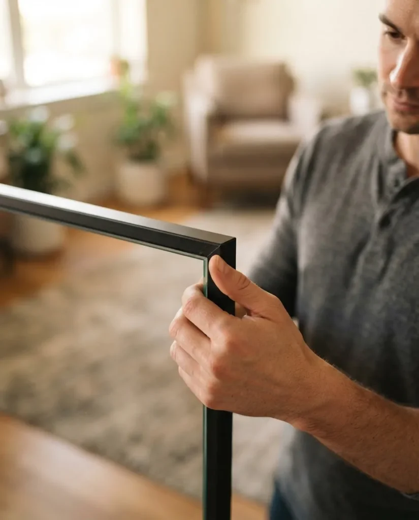 Close-up of hands checking a floor mirror frame corner joint and glass edge thickness to assess build quality before buying