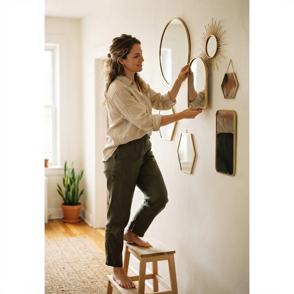 Woman arranging a mixed-shape mirror gallery wall in a small apartment living room with warm natural light and neutral walls
