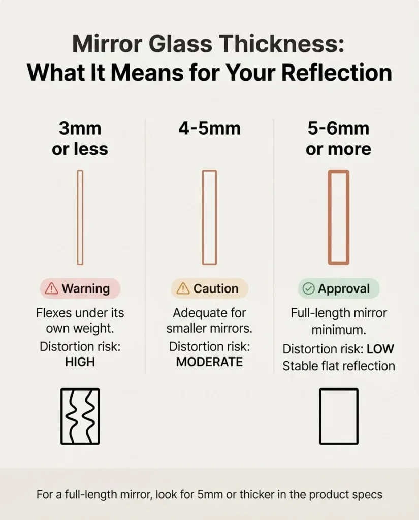 Infographic comparing full-length mirror glass thickness at 3mm, 5mm, and 6mm with distortion risk labels and quality rating for each