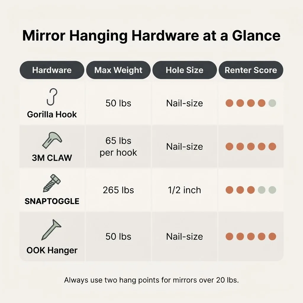 infographic comparison chart of mirror hanging hardware types, weight capacities, hole sizes, and renter friendliness ratings for drywall