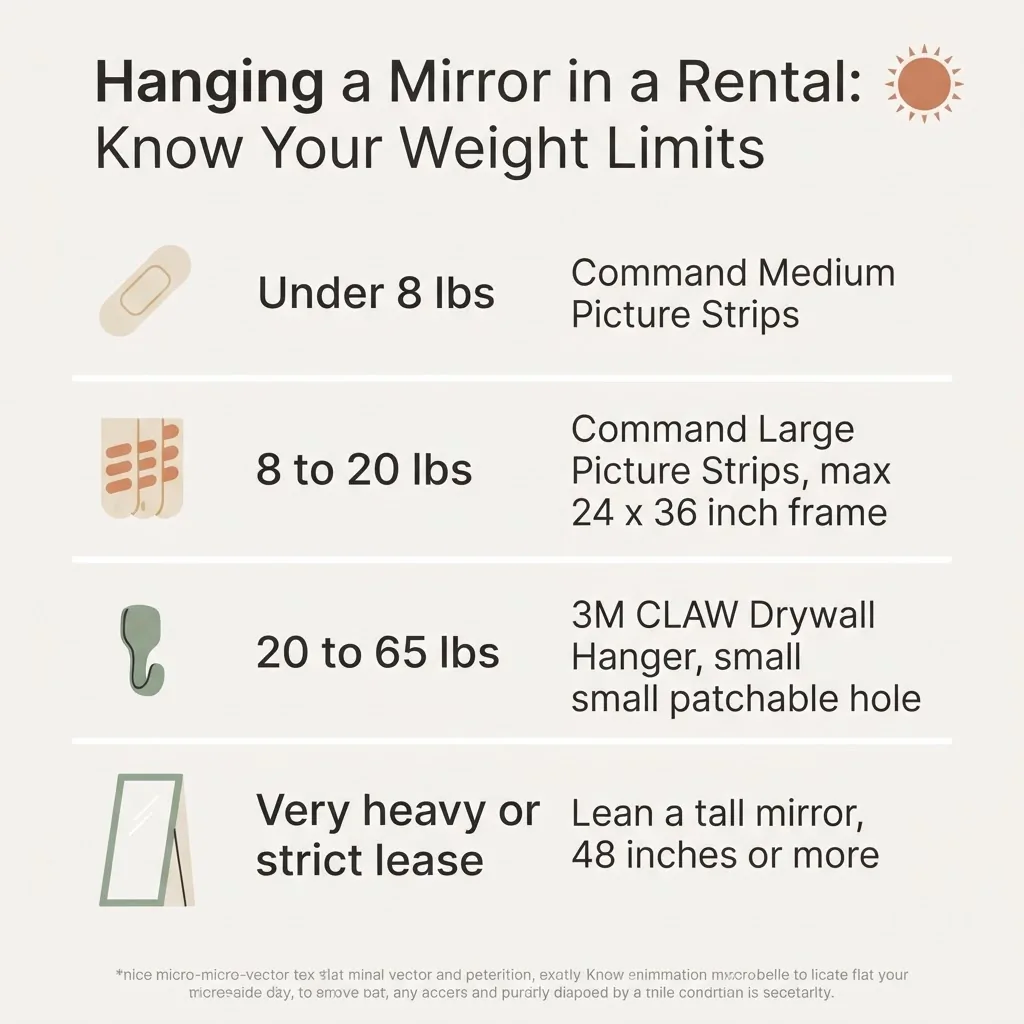 Renter-friendly mirror hanging guide infographic showing weight limits for Command strips and 3M CLAW drywall hangers