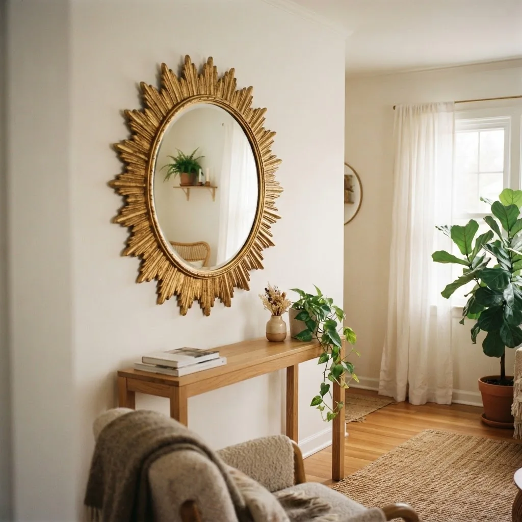 Decorative sunburst mirror on a living room wall reflecting a bright window and a styled plant shelf across the room