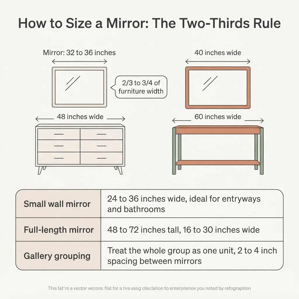 infographic showing the two-thirds mirror sizing rule above a dresser and console table with measurements labeled