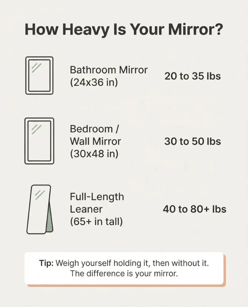 infographic showing how to estimate mirror weight by size, with typical weight ranges for bathroom, bedroom, and leaner mirrors in pounds