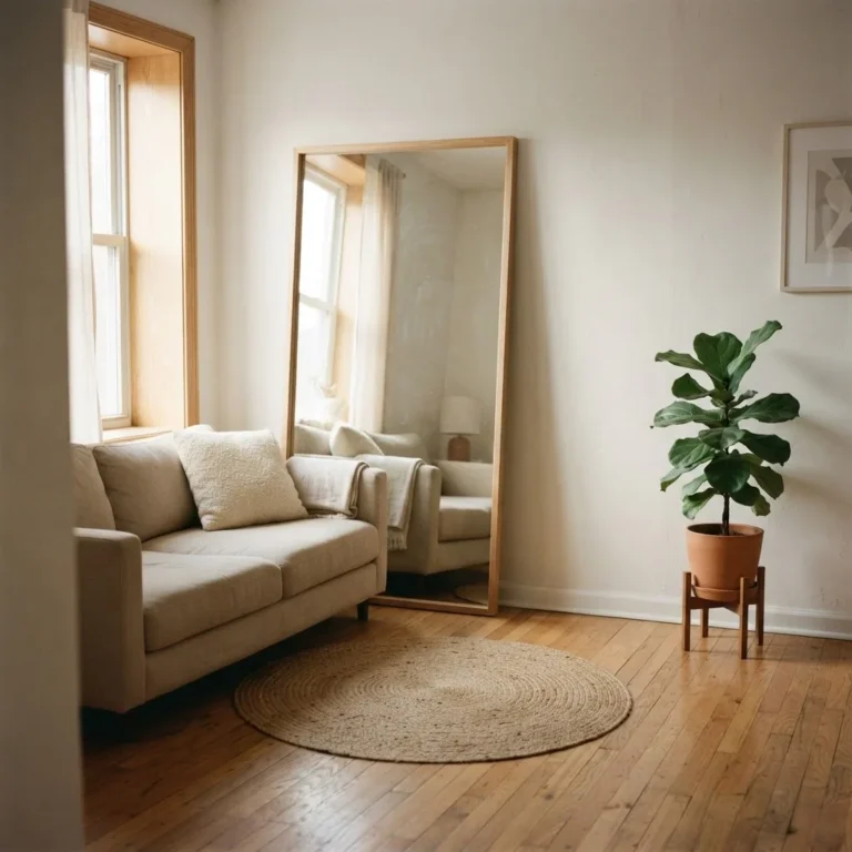 large leaning mirror in a small neutral living room reflecting natural window light to make the space feel bigger