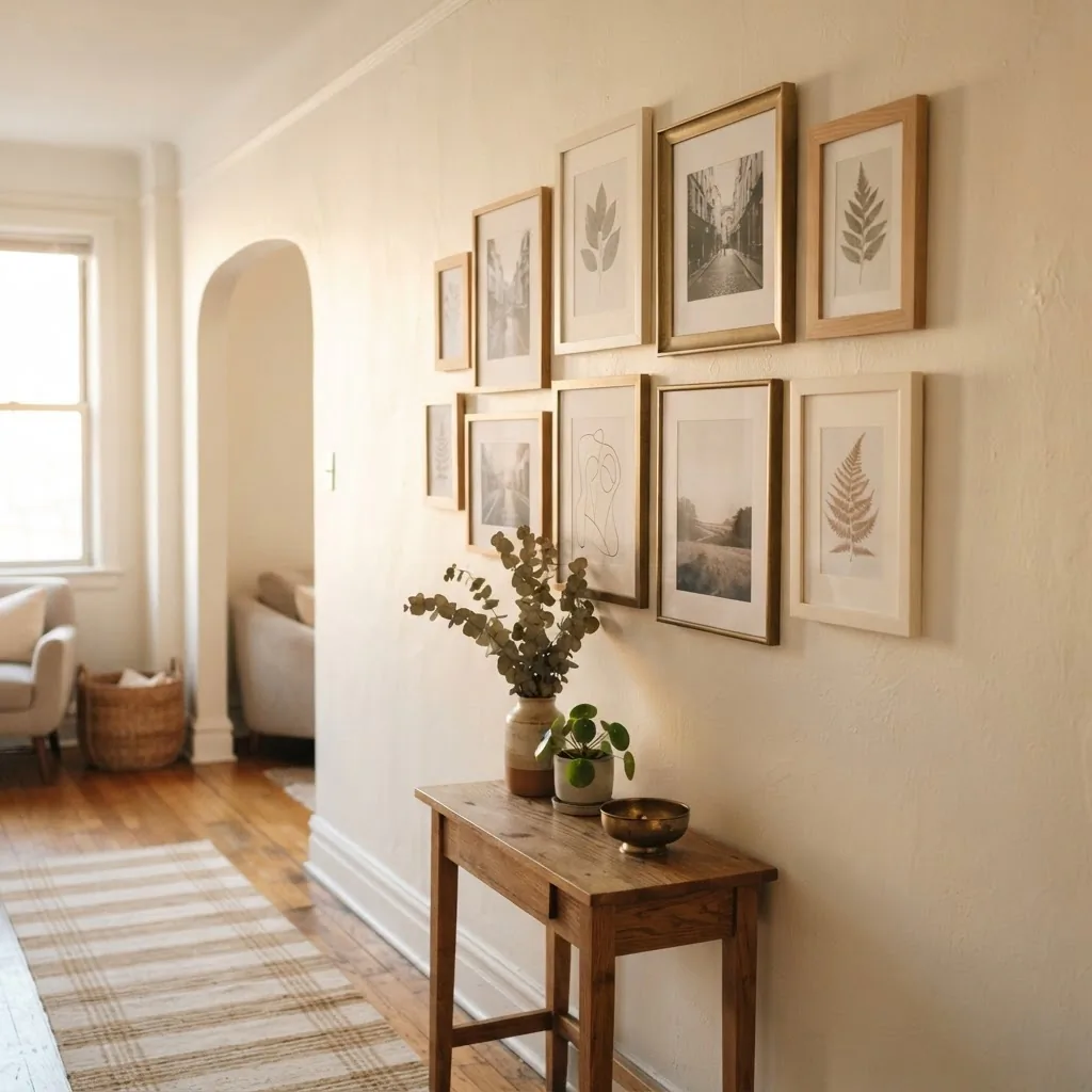 gallery wall mixing natural wood gold and warm white frames on an off-white apartment wall, 2 to 3 inch spacing, real room context