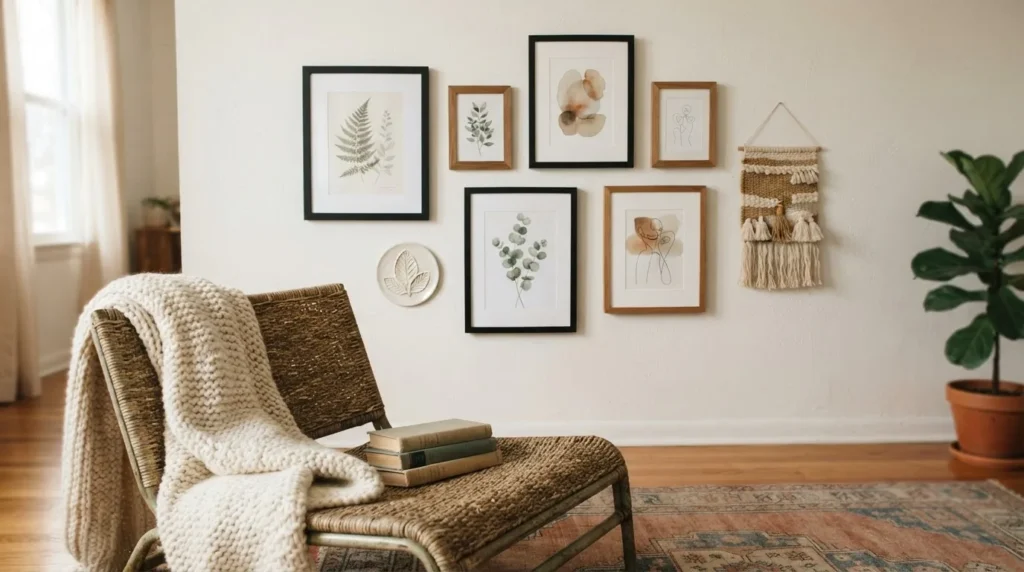 Mixed media gallery wall with frames ceramic wall hanging and woven textile piece in a warm boho living room