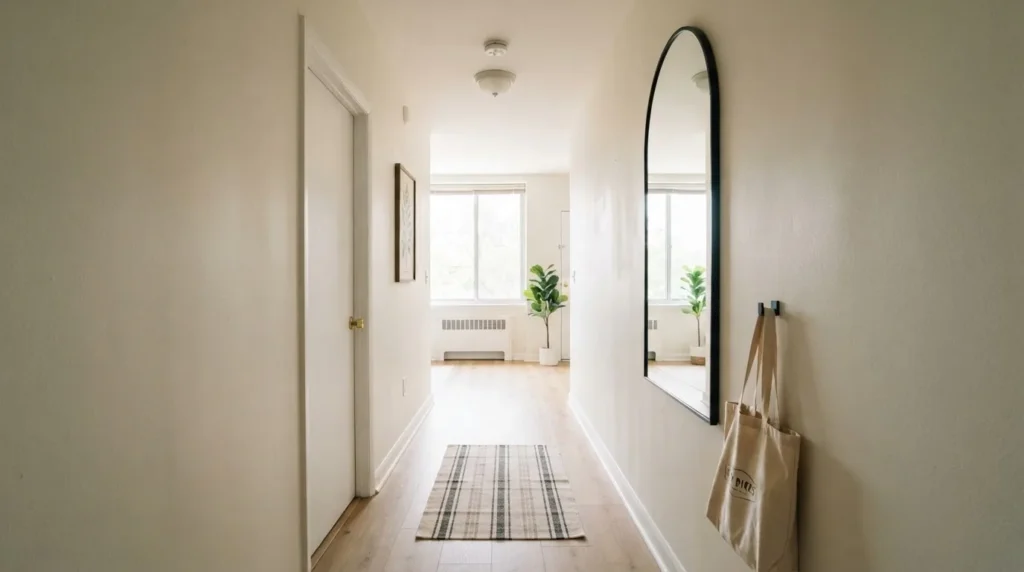 A narrow apartment hallway with a large vertical mirror reflecting natural window light making the space feel wider and brighter with minimal decor