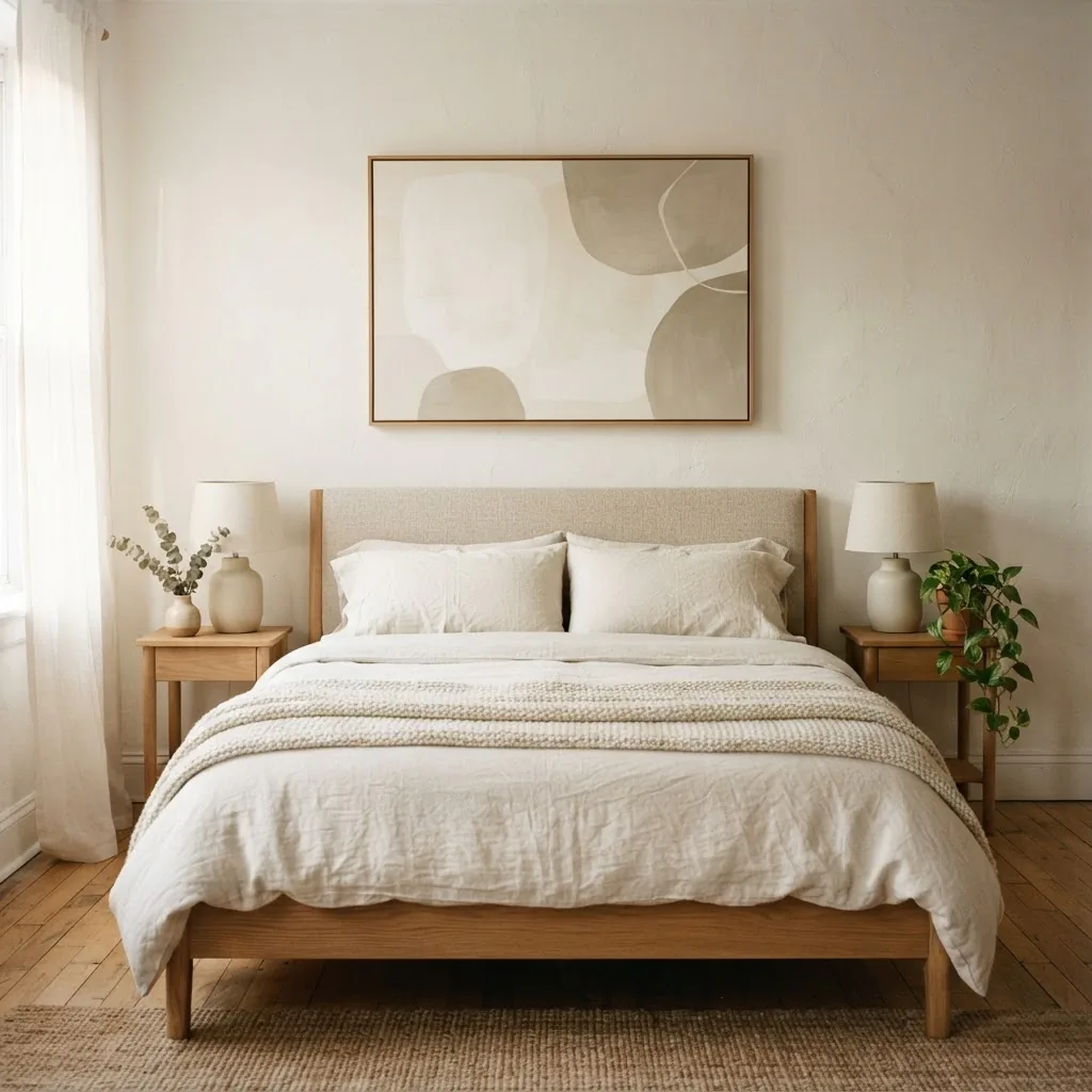 Neutral canvas wall art above a linen headboard in a calm minimalist bedroom with soft natural morning light