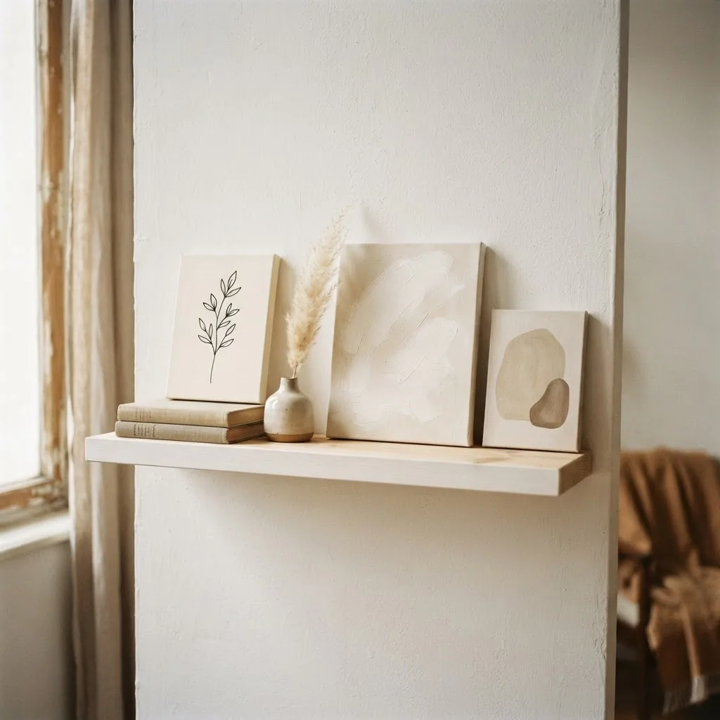 Styled shelf vignette with neutral canvas prints in botanical line art, abstract, and wabi-sabi styles in a minimal rental apartment