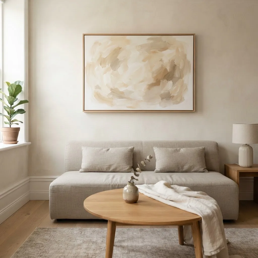 Neutral canvas wall art above a linen sofa in a calm minimalist living room with warm natural light