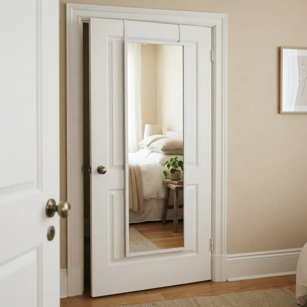 Full-length mirror mounted on the back of a bedroom door in a small rental apartment, showing the clean functional placement with no wall damage, bright natural light