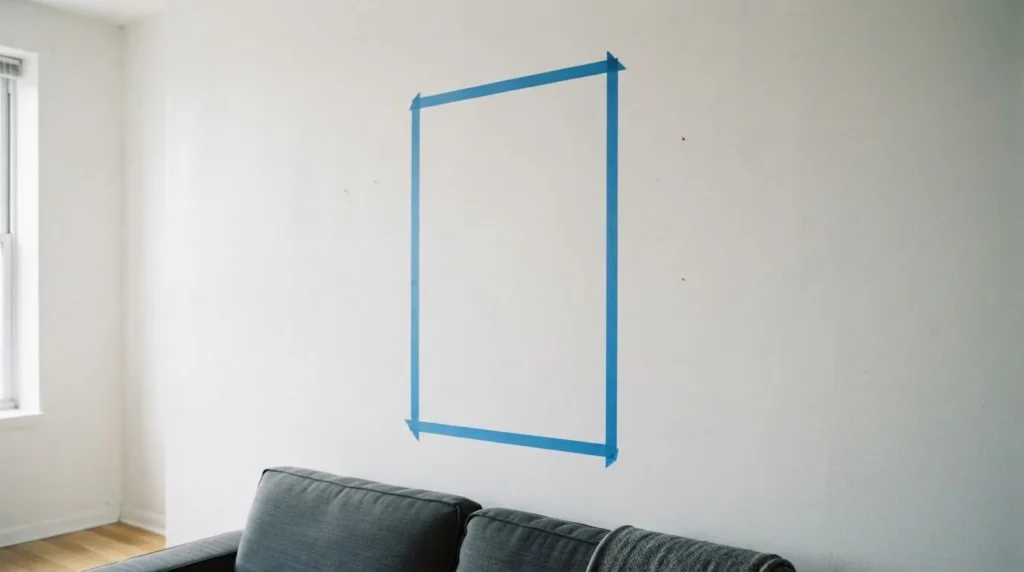 blue painter's tape rectangle on a white apartment wall showing wall art size visualization before buying, renter tip, sizing test