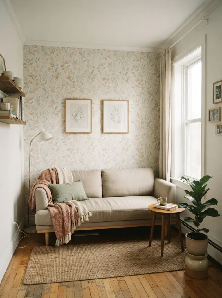 Peel-and-stick removable wallpaper accent wall behind a sofa in a small apartment living room, soft botanical or linen-texture pattern, renter-friendly budget decor, warm natural interior light