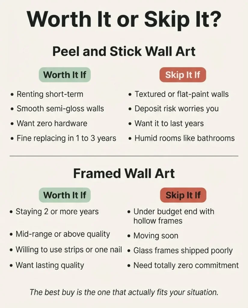 Worth it skip it checklist infographic for peel and stick wall art versus framed wall art, showing four green worth it conditions and four red skip it conditions for each type, flat vector style, renter and budget buyer focused