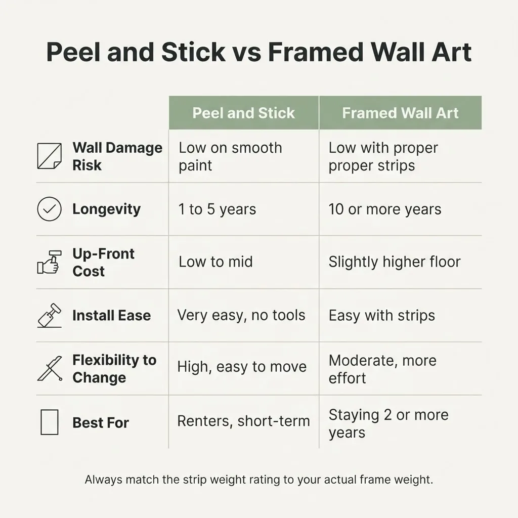 Worth it versus skip it infographic comparing peel and stick wall art and framed wall art across wall damage risk, longevity, cost, installation ease, and best use case, flat vector style with two columns and labeled criteria rows