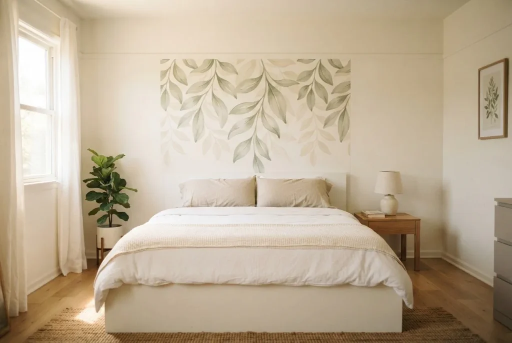 Removable peel and stick wallpaper panel in a soft botanical print used as a focal accent wall above a bed in a rental bedroom, no headboard styling idea