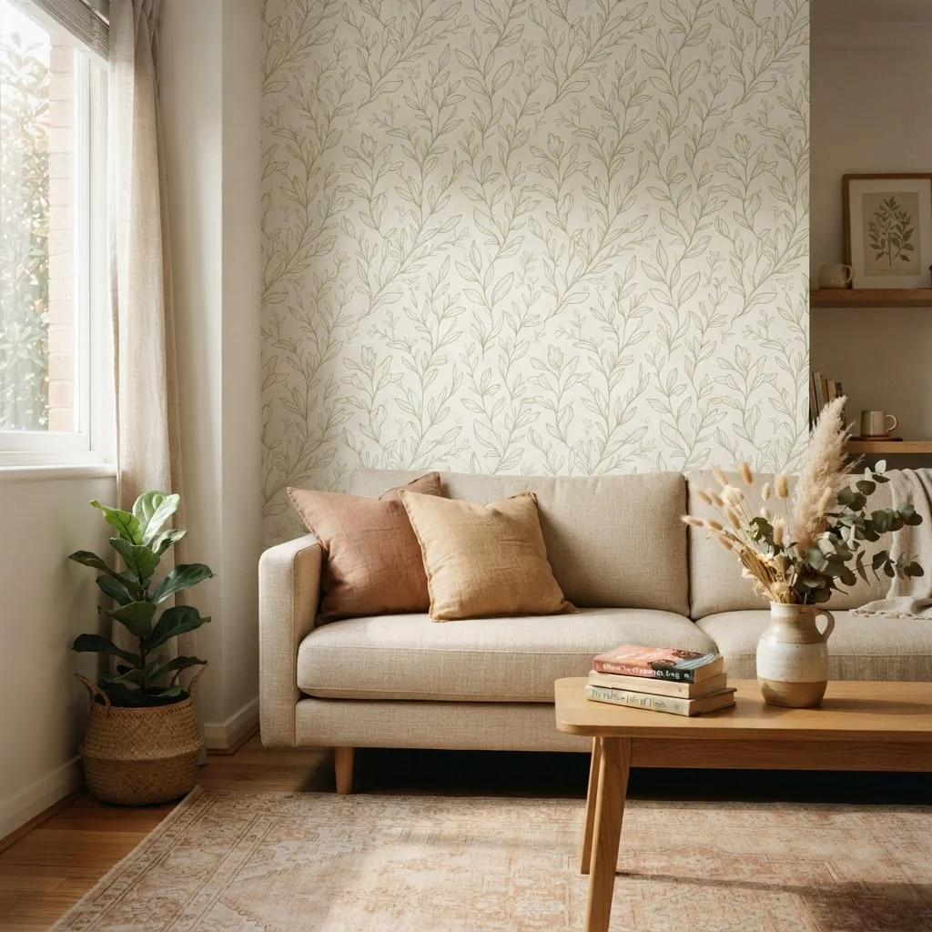 Peel-and-stick removable wallpaper accent wall behind a sofa in a rental living room with warm neutral decor and natural light