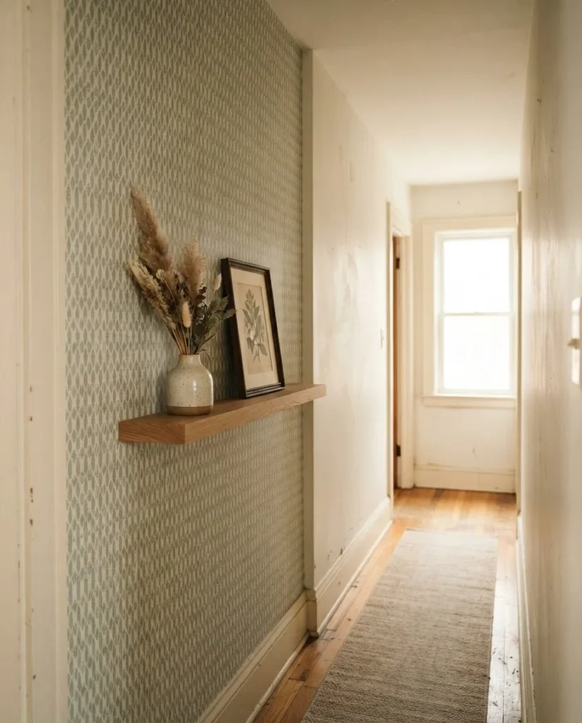 Narrow hallway accent wall with soft geometric peel-and-stick wallpaper, renter-friendly styling, warm neutral tones and natural light