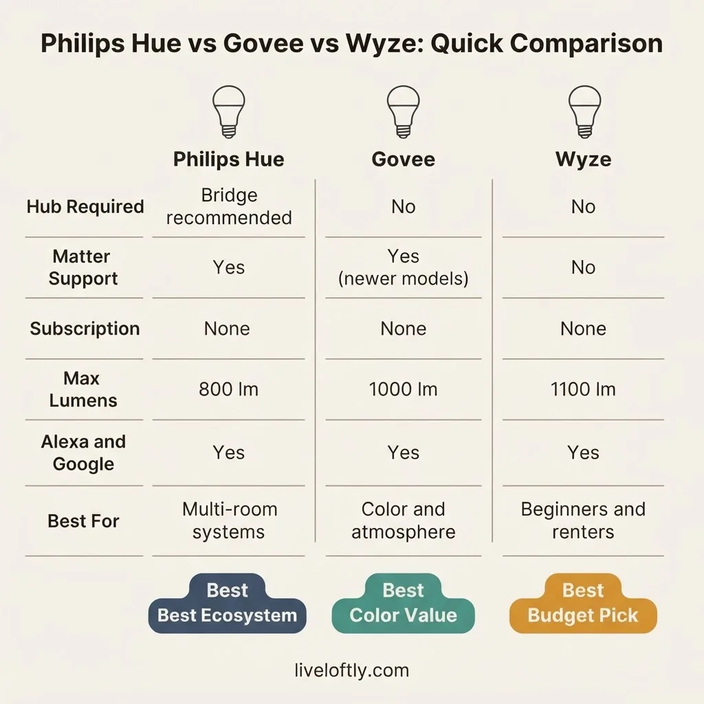 Side-by-side comparison infographic of Philips Hue vs Govee vs Wyze smart bulbs showing hub requirement, Matter support, subscription cost, and best-for summary
