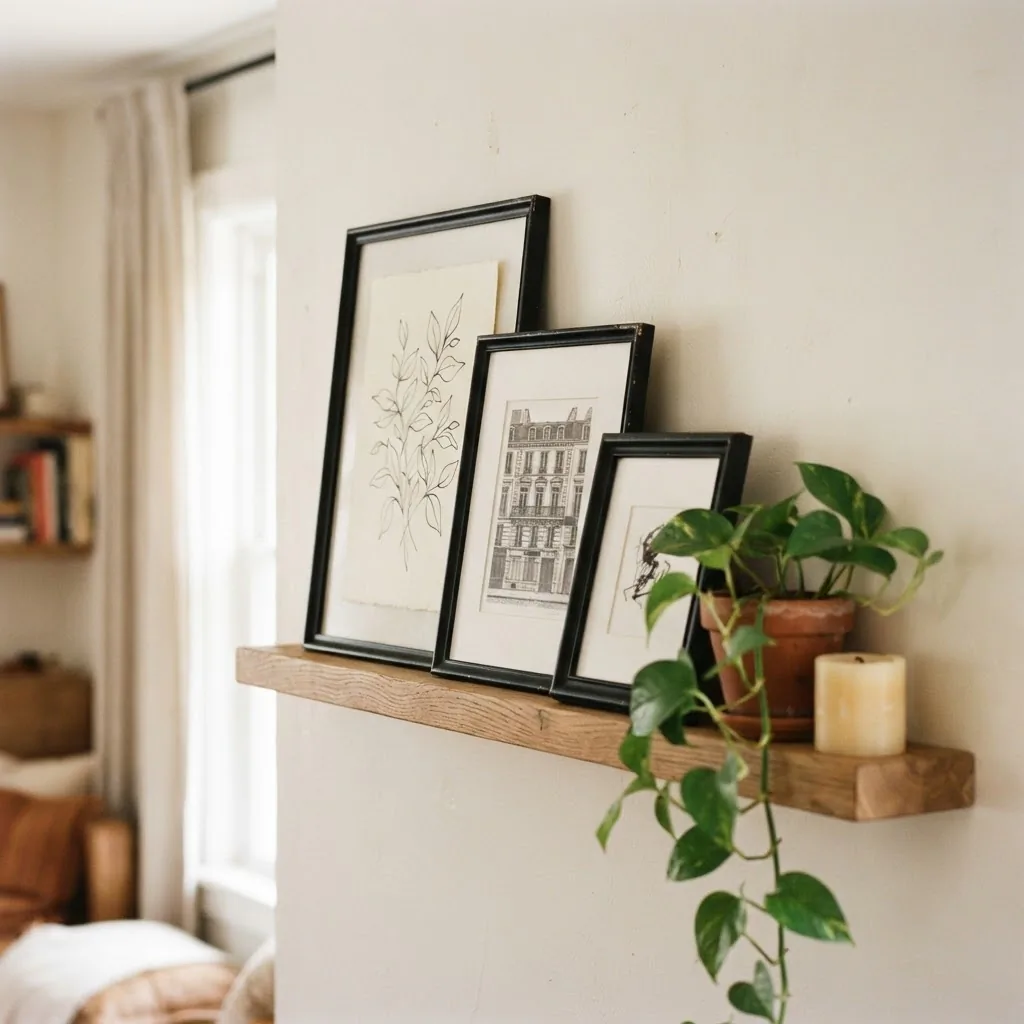 Black frames propped on a natural wood picture ledge with small plant and candle in a bright renter-friendly apartment bedroom