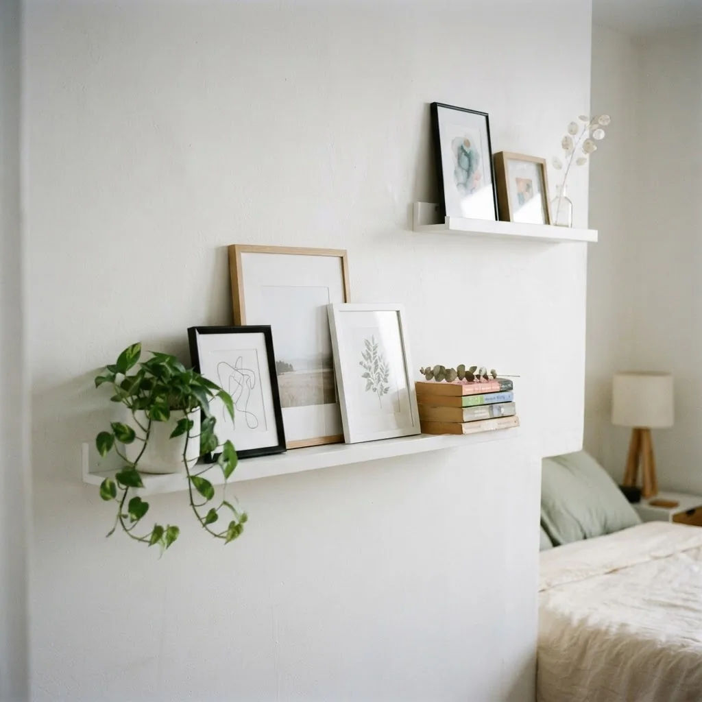 Two stacked white picture ledge shelves displaying layered framed prints, small plants, and books in a bright rental apartment bedroom, styled and calm