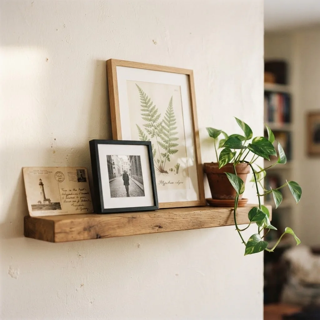 Styled picture ledge shelf on a rental wall displaying leaning framed art, a small plant, and a postcard in warm neutral tones