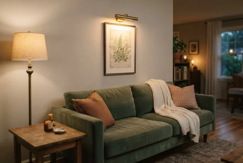 Plug-in picture light illuminating a framed botanical print above a sofa in a small living room at evening, warm golden glow, cozy atmosphere