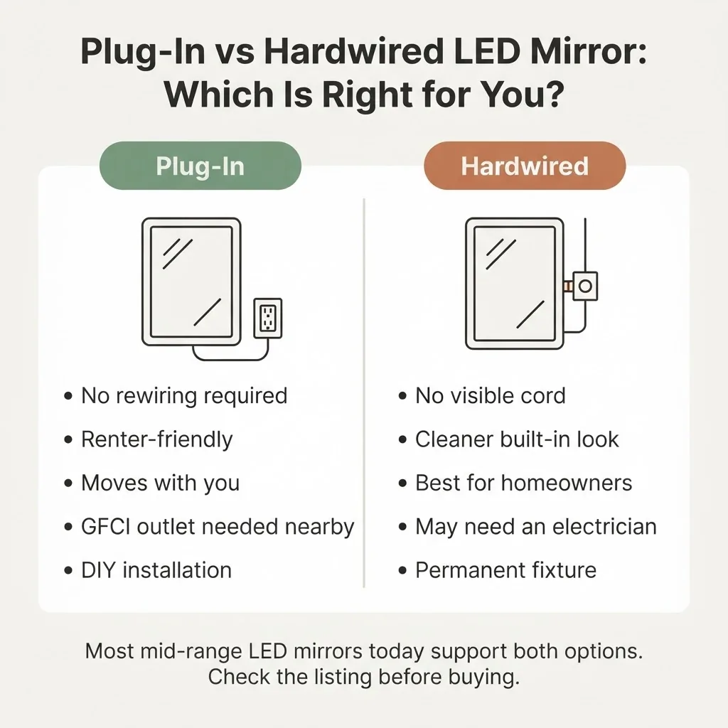 Side-by-side diagram comparing plug-in vs hardwired LED bathroom mirror installation showing GFCI outlet plug-in connection and hardwired junction box connection with renter and homeowner labels