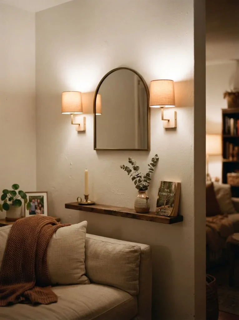 Pair of plug-in wall sconces on either side of a mirror in a small cozy living room, warm amber evening light, soft mood lighting, renter-friendly no-drill wall decor styling