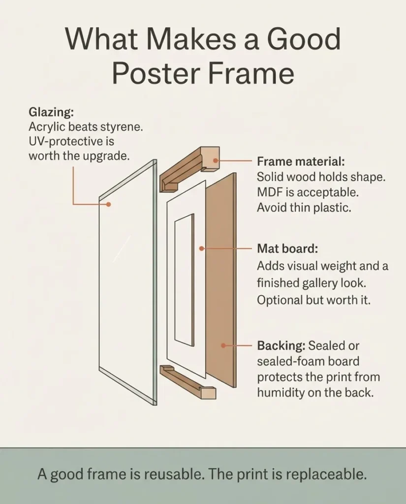 diagram showing the parts of a good poster frame including glazing type, frame material, mat board, and backing, with labels for what separates a quality frame from a cheap one