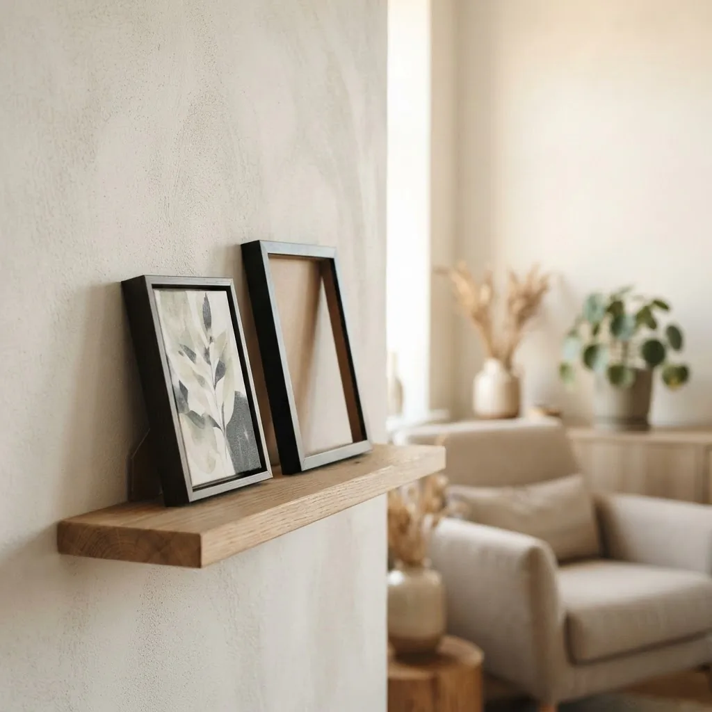 Small framed canvas print and a bare MDF picture frame resting against a light plaster wall on a wooden shelf in a calm apartment living room, natural window light, honest comparison of pre-framed art versus frame-it-yourself options