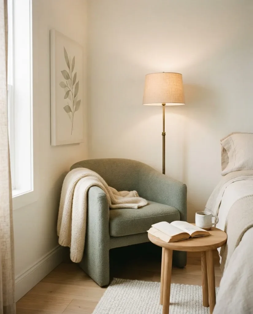 Cozy bedroom reading corner with a single vertical canvas print on the wall beside a small armchair, a knit throw, a floor lamp, and a small side table with a book and a mug