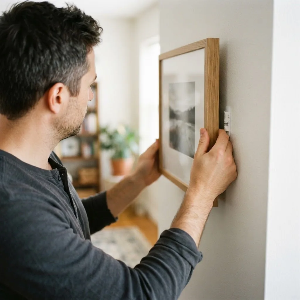 Close up of hands applying adhesive strips to the back of a picture frame against a smooth white apartment wall, renter friendly no nail hanging method